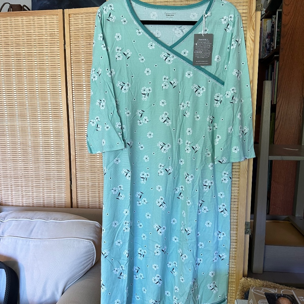 NEW Garnet Hill Asian Wrap nightgown, Green Cotton, size L